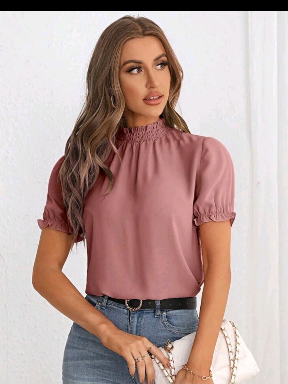 SHEIN Privé Frill Trim Mock Neck Puff Sleeve Short Sleeve Pink Blouse Sz Medium